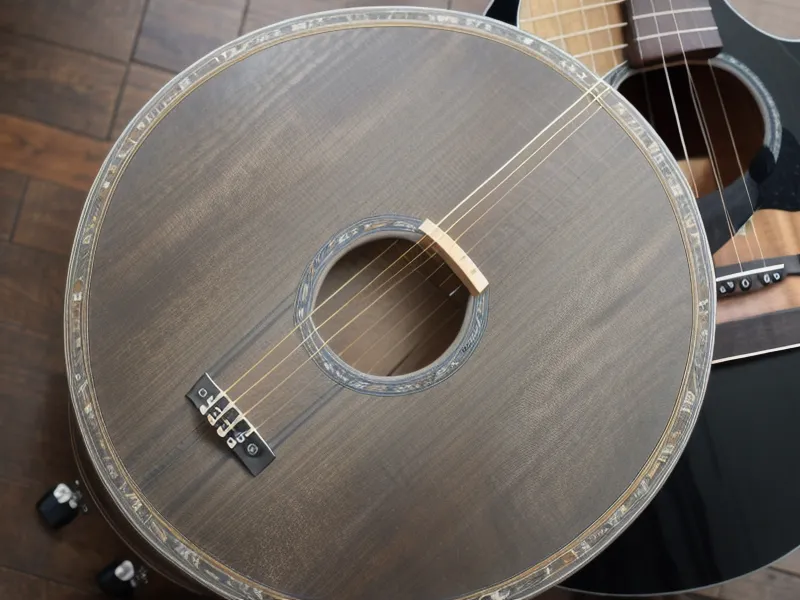Guitarra en primer plano con un asado familiar desenfocado al fondo