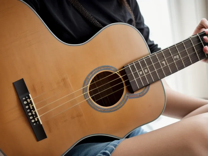 Persona tocando una canción completa en su guitarra en la sala de su casa