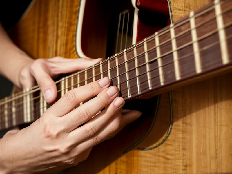 Primer plano de dedos con marcas de cuerdas sobre el mástil de una guitarra.