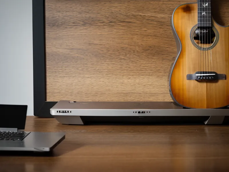 Laptop con curso de guitarra online y accesorios sobre un escritorio de madera.