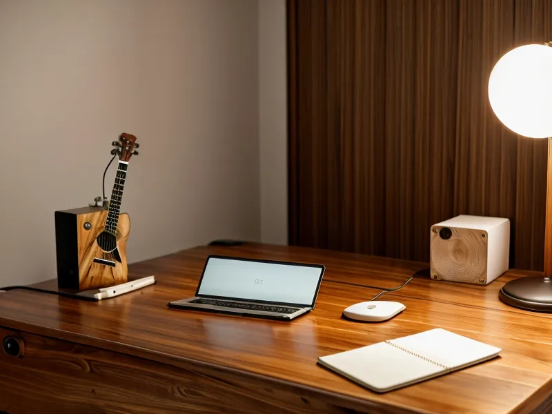 Espacio de práctica en casa con laptop mostrando lecciones de guitarra y accesorios.