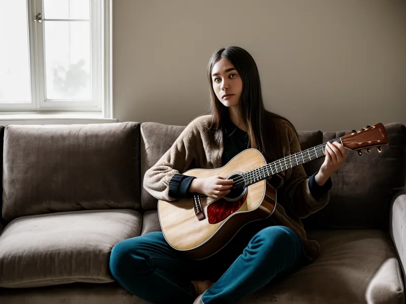 Persona sentada en un sofá con su guitarra acústica en un ambiente acogedor.