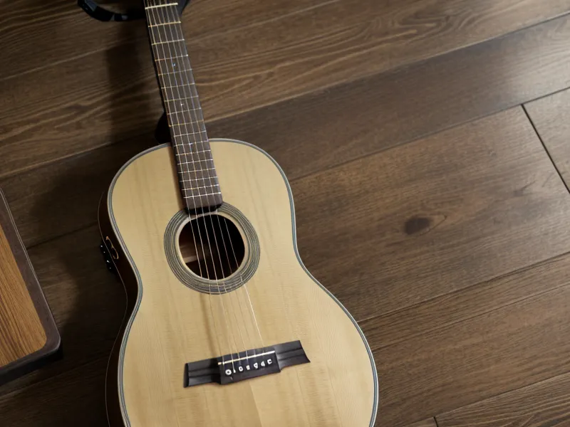 Guitarra acústica apoyada en la sala, símbolo de aprender guitarra siendo adulto con poco tiempo libre