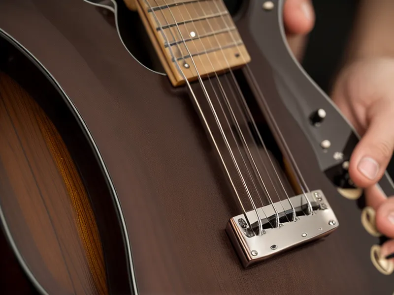 Primer plano de una mano tocando un acorde en una guitarra eléctrica