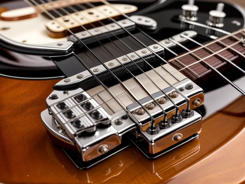 Detalle del puente y las pastillas de una guitarra eléctrica