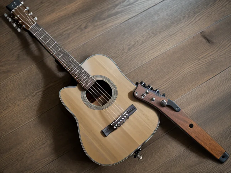 Capo de guitarra colocado en el cuarto traste de una guitarra acústica
