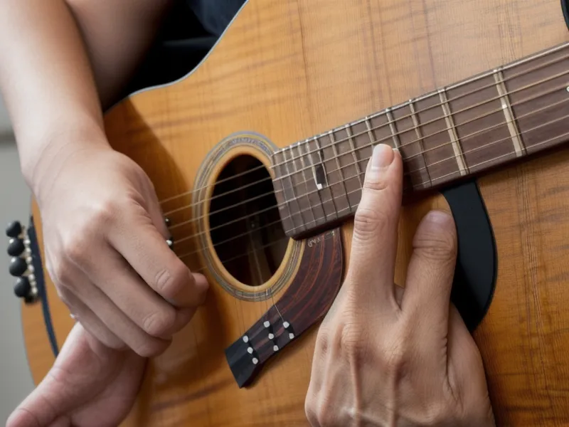 Primer plano de manos practicando cambios de acordes en una guitarra