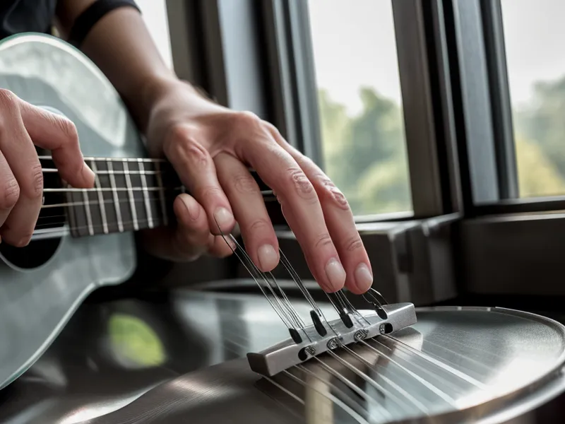 Primer plano de yemas de dedos con callos presionando cuerdas de guitarra