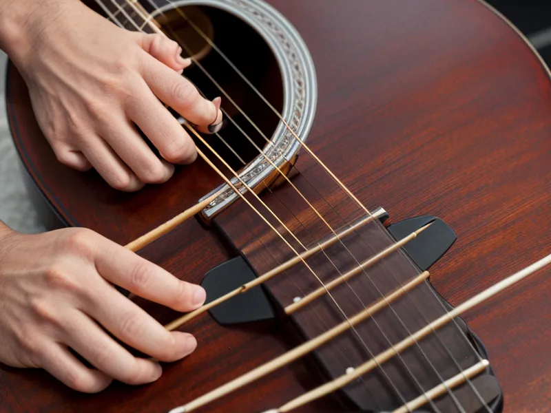 Mano formando el acorde de Sol mayor en el mástil de una guitarra