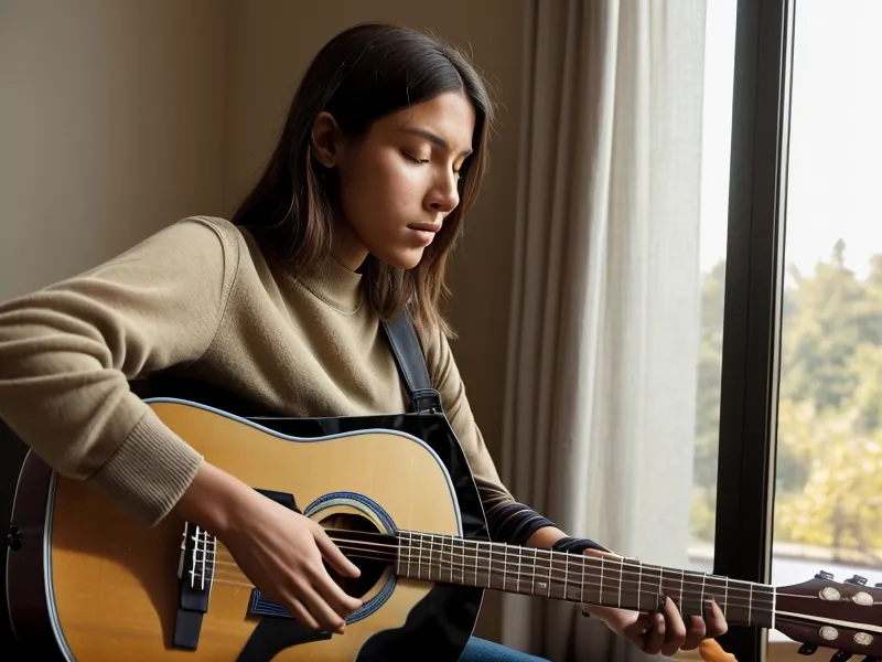 Persona practicando guitarra en casa siguiendo un curso en una tablet