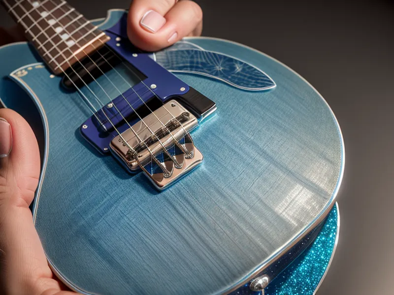 Primer plano de una púa tocando las cuerdas de acero de una guitarra eléctrica