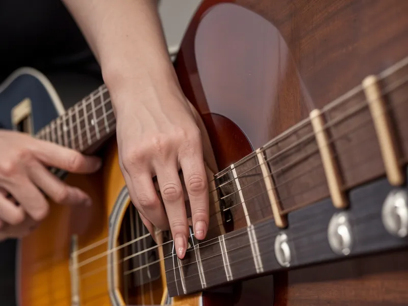 Dedos de un principiante presionando las cuerdas de una guitarra durante una lección online