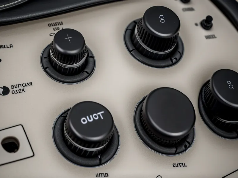 Panel de control de un amplificador de guitarra eléctrica con perillas de ganancia y ecualización