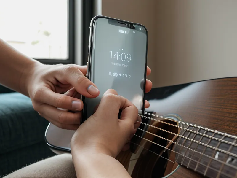 Persona siguiendo un curso de guitarra online desde su celular en casa.