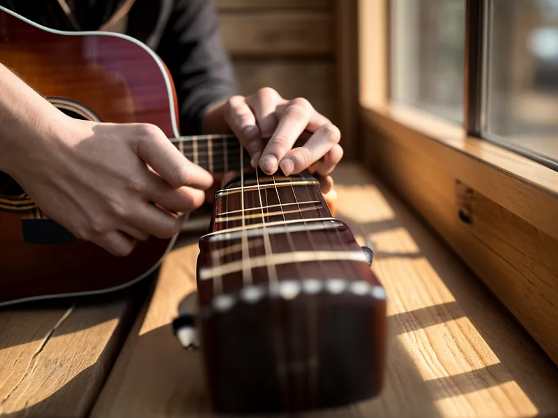 Mano haciendo un rasgueo rítmico en una guitarra acústica de madera.