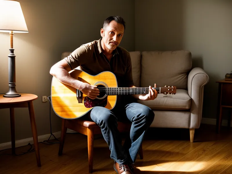 Hombre adulto tocando la guitarra feliz en una reunión familiar en casa.