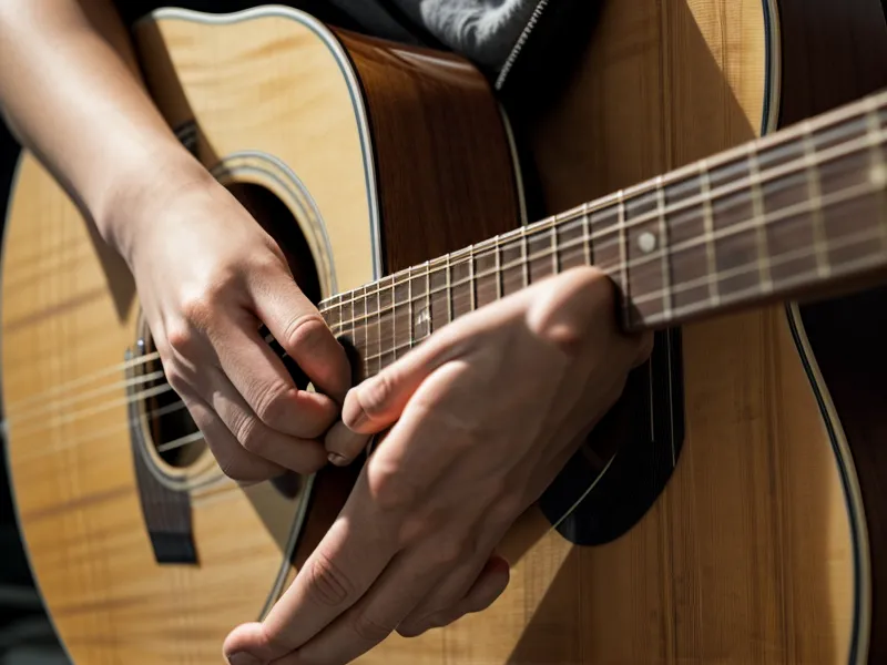 Primer plano de manos de un adulto formando un acorde básico en la guitarra
