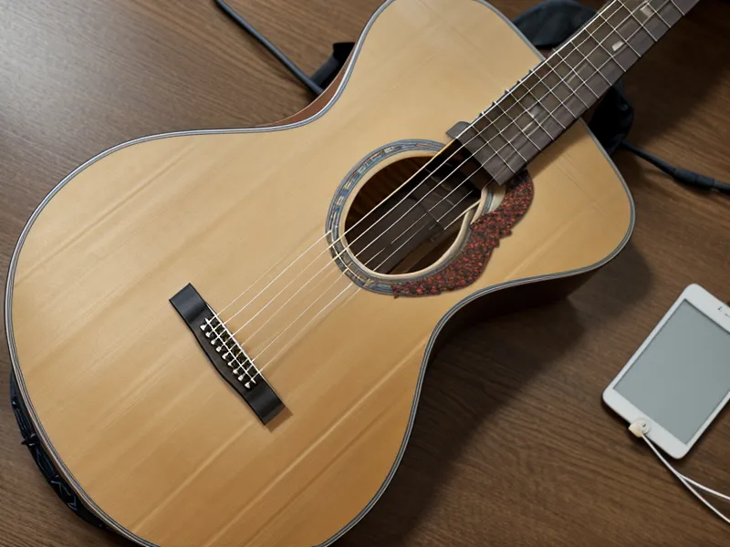 Tablet mostrando una lección de guitarra online junto a una púa y afinador