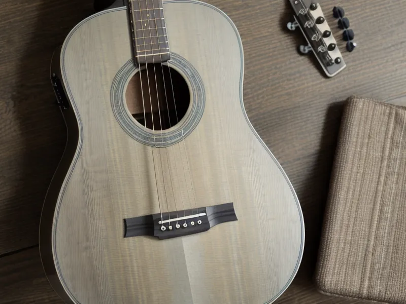 Mejores métodos para aprender guitarra cristiana desde casa para adultos: guitarra acústica apoyada junto a una libreta de acordes abierta
