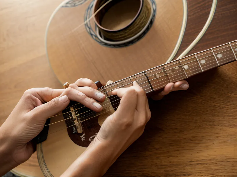 Primer plano de manos rasgueando una guitarra acústica con técnica clara.