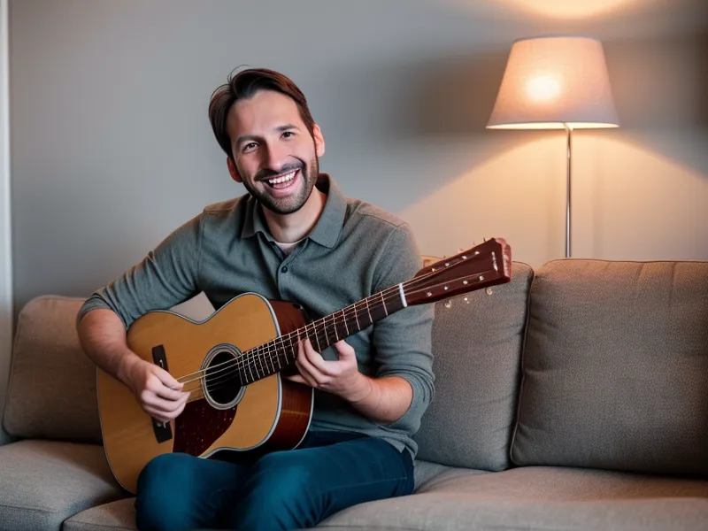 Aficionado tocando la guitarra con éxito durante una pequeña reunión familiar.
