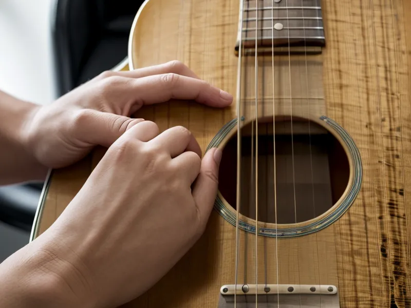 Primer plano de dedos presionando las cuerdas de una guitarra en el mástil