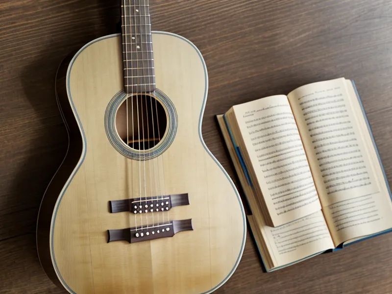Espacio de práctica organizado con cuaderno de acordes y guitarra