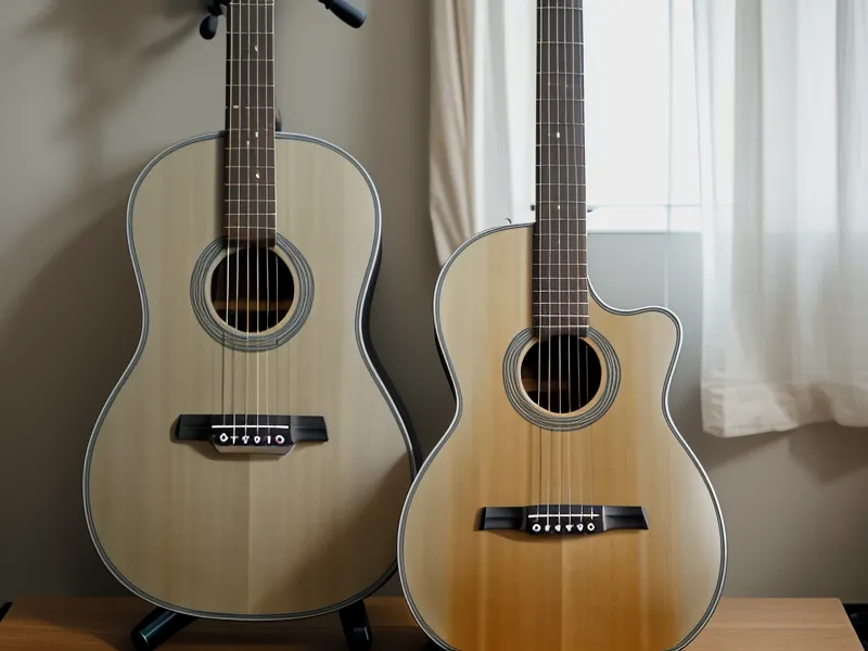 Guitarra en primer plano con una reunión familiar alegre y desenfocada al fondo