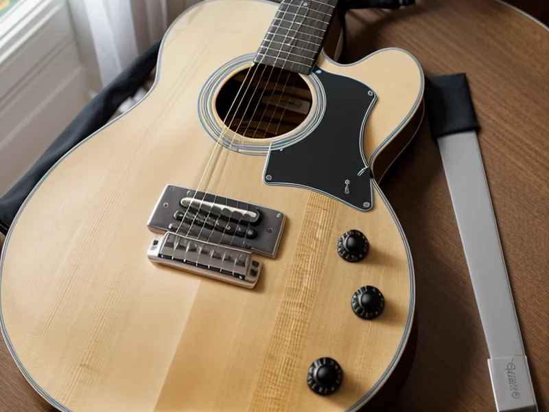 Espacio de práctica organizado con lección de video en celular y accesorios de guitarra