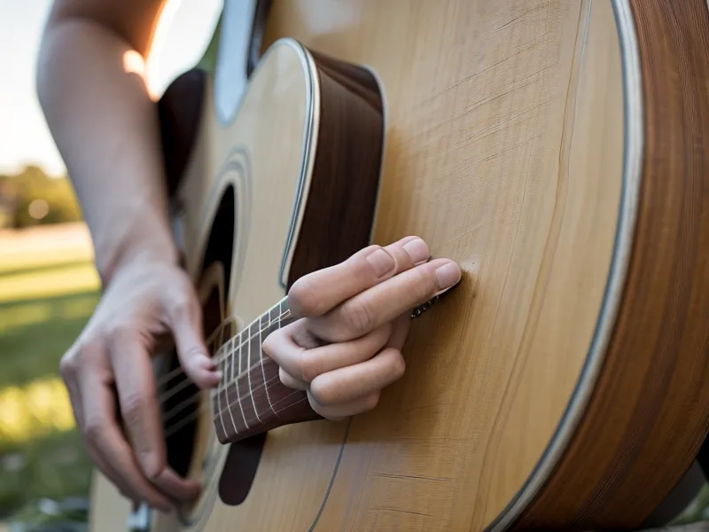 Manos tocando la guitarra en un ambiente de asado familiar desenfocado