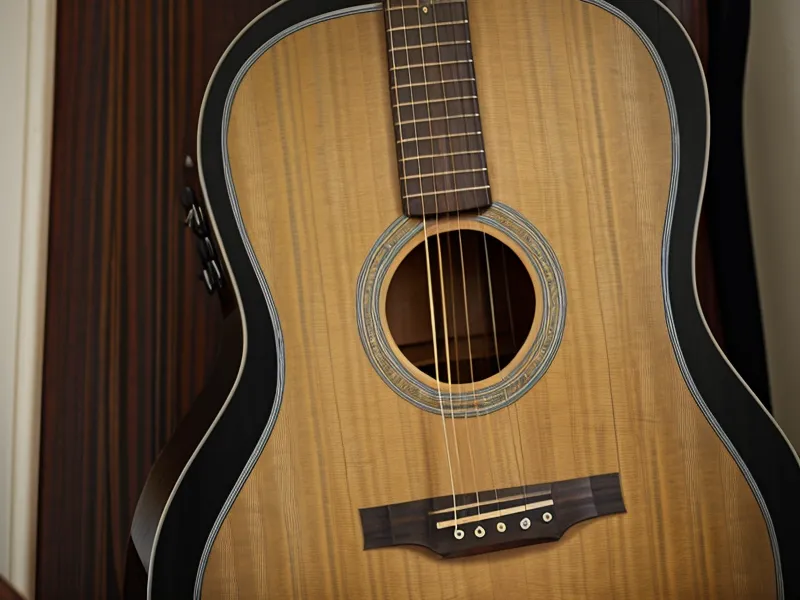 Guitarra acústica apoyada junto a un portátil con un curso de guitarra online para principiantes adultos