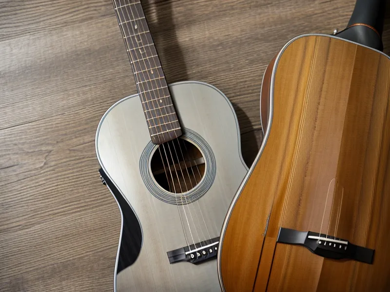 Guitarra acústica apoyada en un rincón antes de elegir un curso de guitarra para principiantes