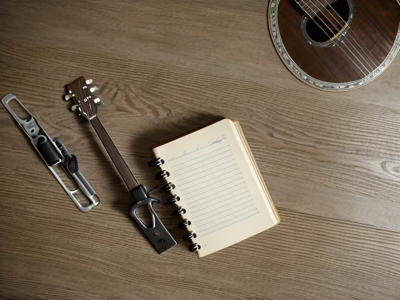 Guitarra eléctrica junto a un computador portátil abierto en un curso de guitarra online