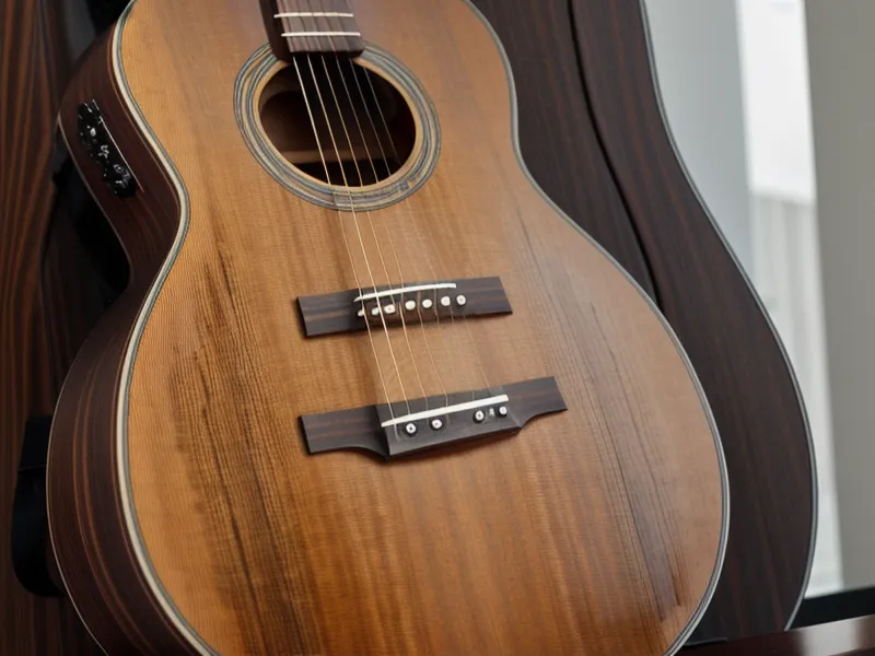 Guitarra acústica lista antes de una clase de guitarra cristiana para principiantes, con ritmos de alabanza por practicar