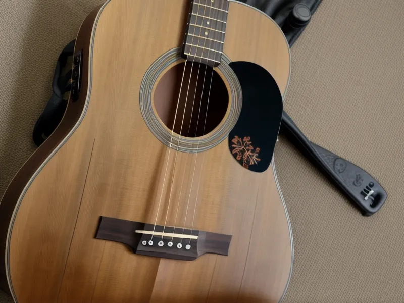 Guitarra acústica en su soporte tras una sesión de práctica de ritmos de alabanza